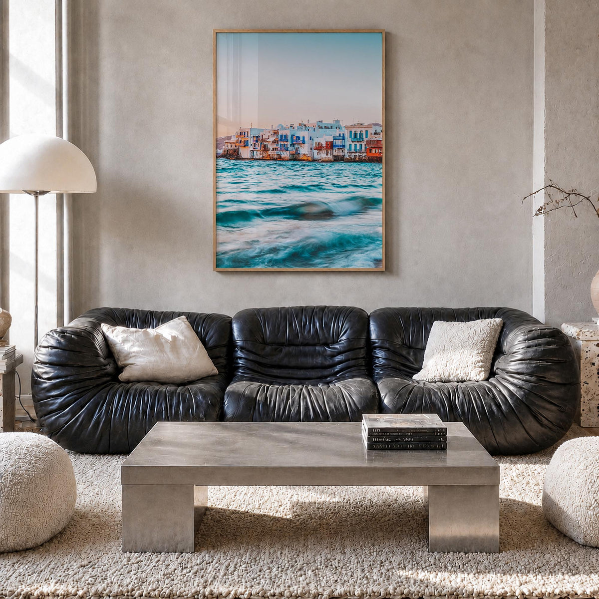 Mykonos colorful photo poster of Greece – vertical wall art in natural wood frame, hanging on wall