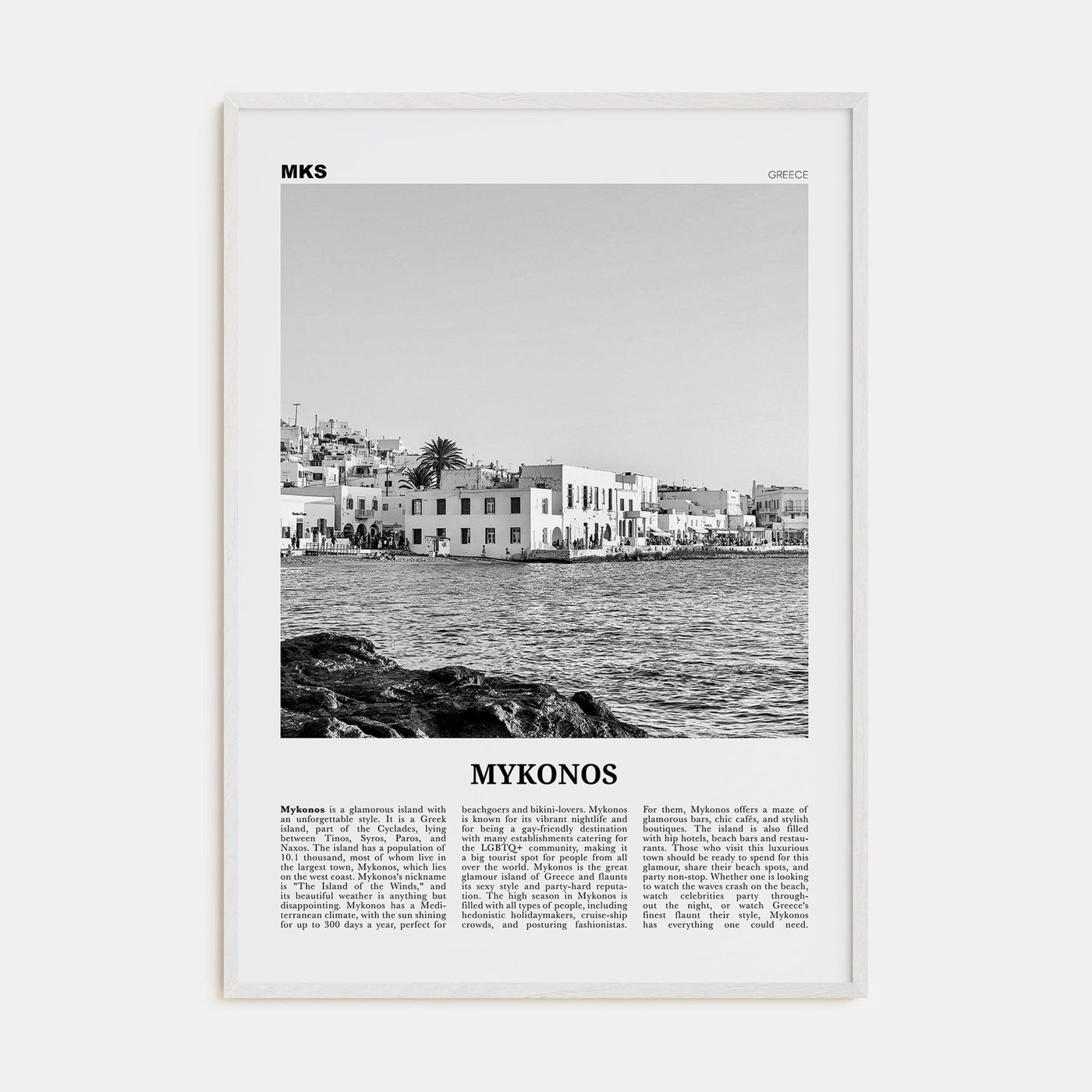 Mykonos Poster White Wood / 8x12 in Nbourhood Travel B&W Poster