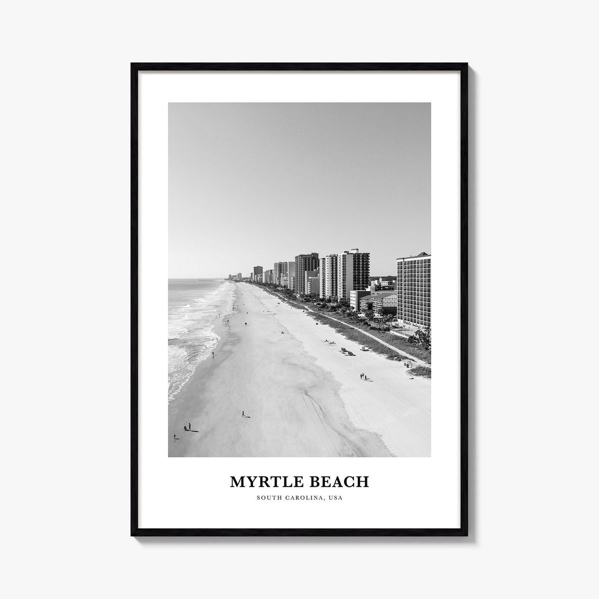 Myrtle Beach black & white classic poster of South Carolina, USA – vertical wall art, unframed print shown in interior mockup