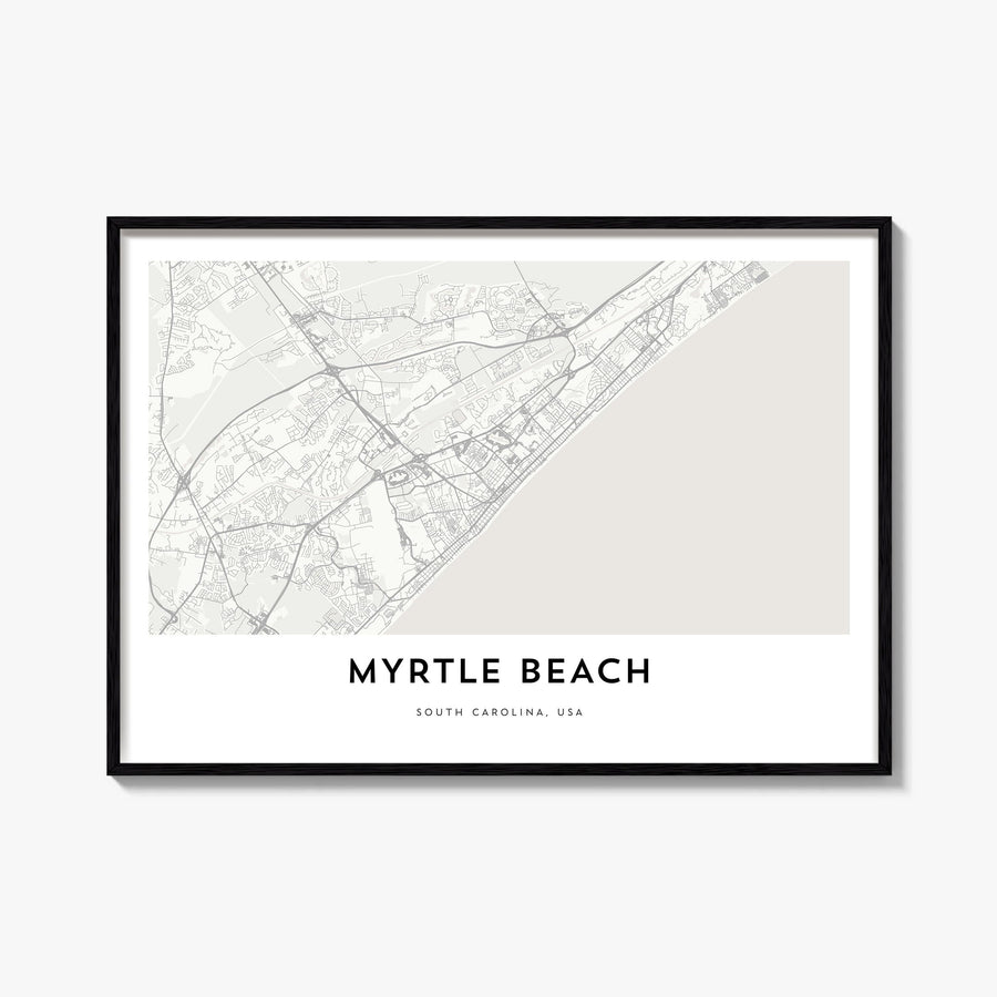 Myrtle Beach black & white map poster of South Carolina, USA – horizontal wall art, unframed print shown in interior mockup