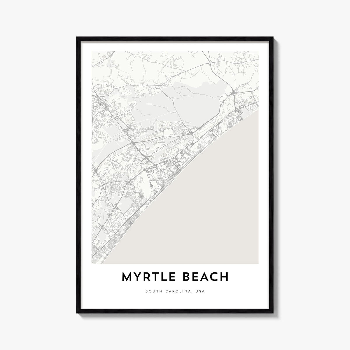 Myrtle Beach black & white map poster of South Carolina, USA – vertical wall art, unframed print shown in interior mockup