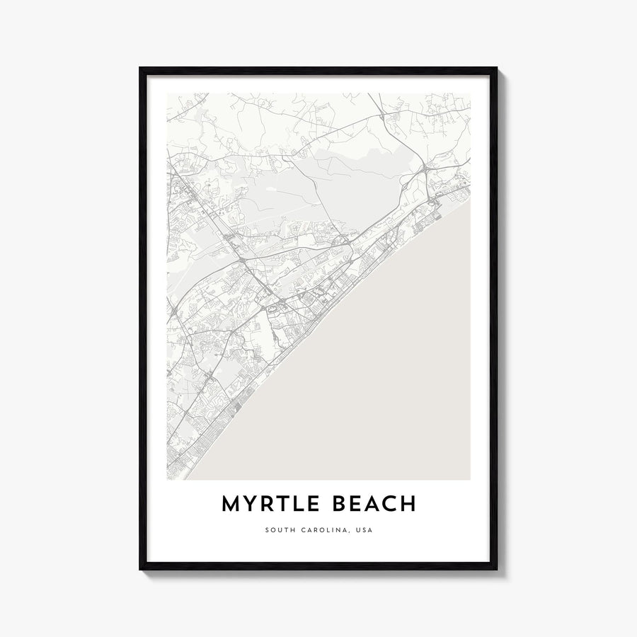 Myrtle Beach black & white map poster of South Carolina, USA – vertical wall art, unframed print shown in interior mockup