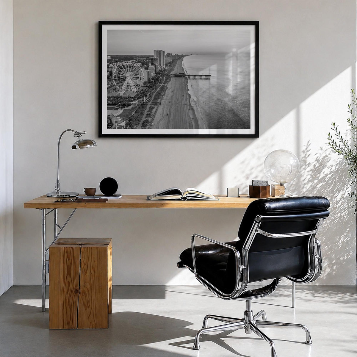 Myrtle Beach black & white photo poster of South Carolina, USA – horizontal wall art in black wood frame with white border, h