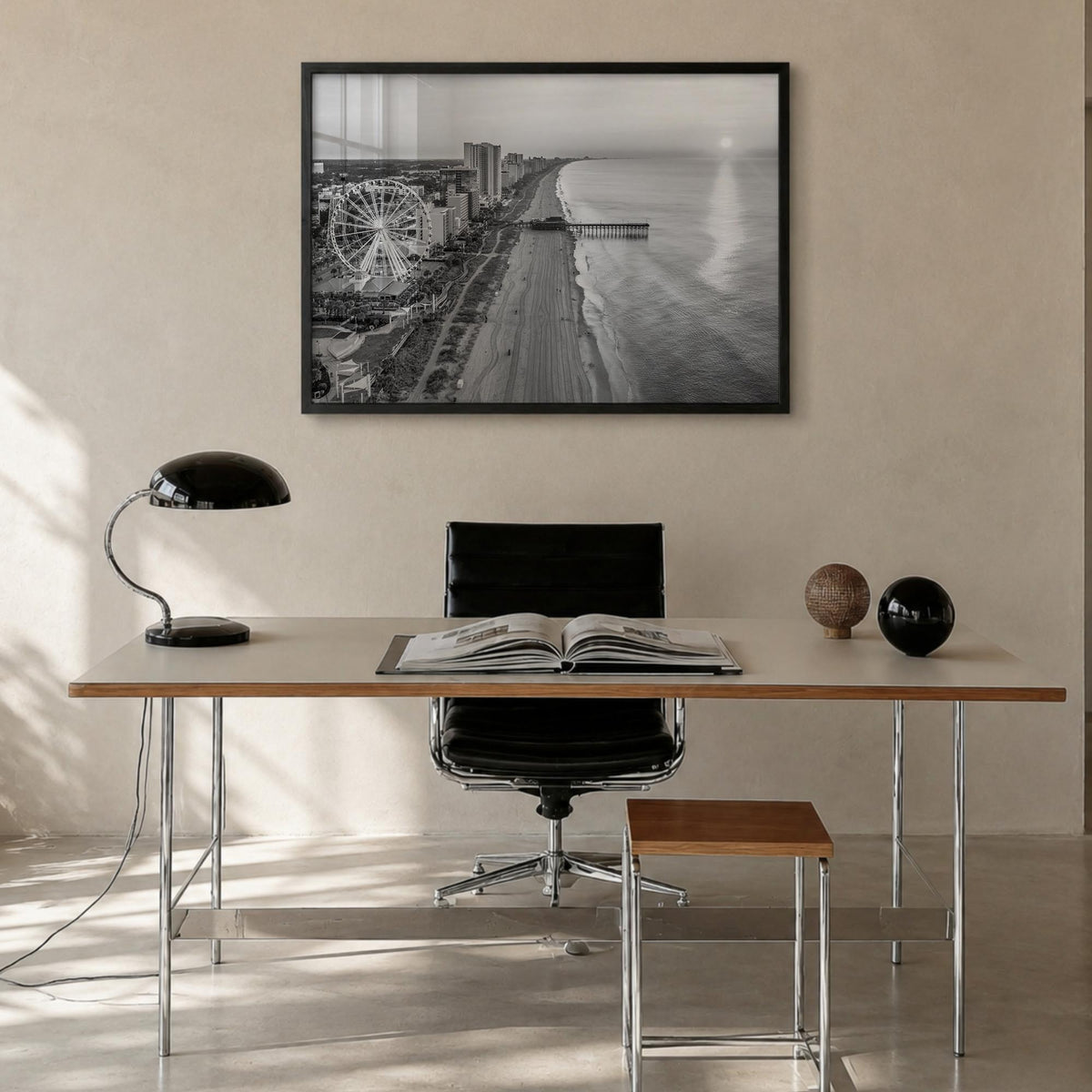 Myrtle Beach black & white photo poster of South Carolina, USA – horizontal wall art in black wood frame, hanging on wall