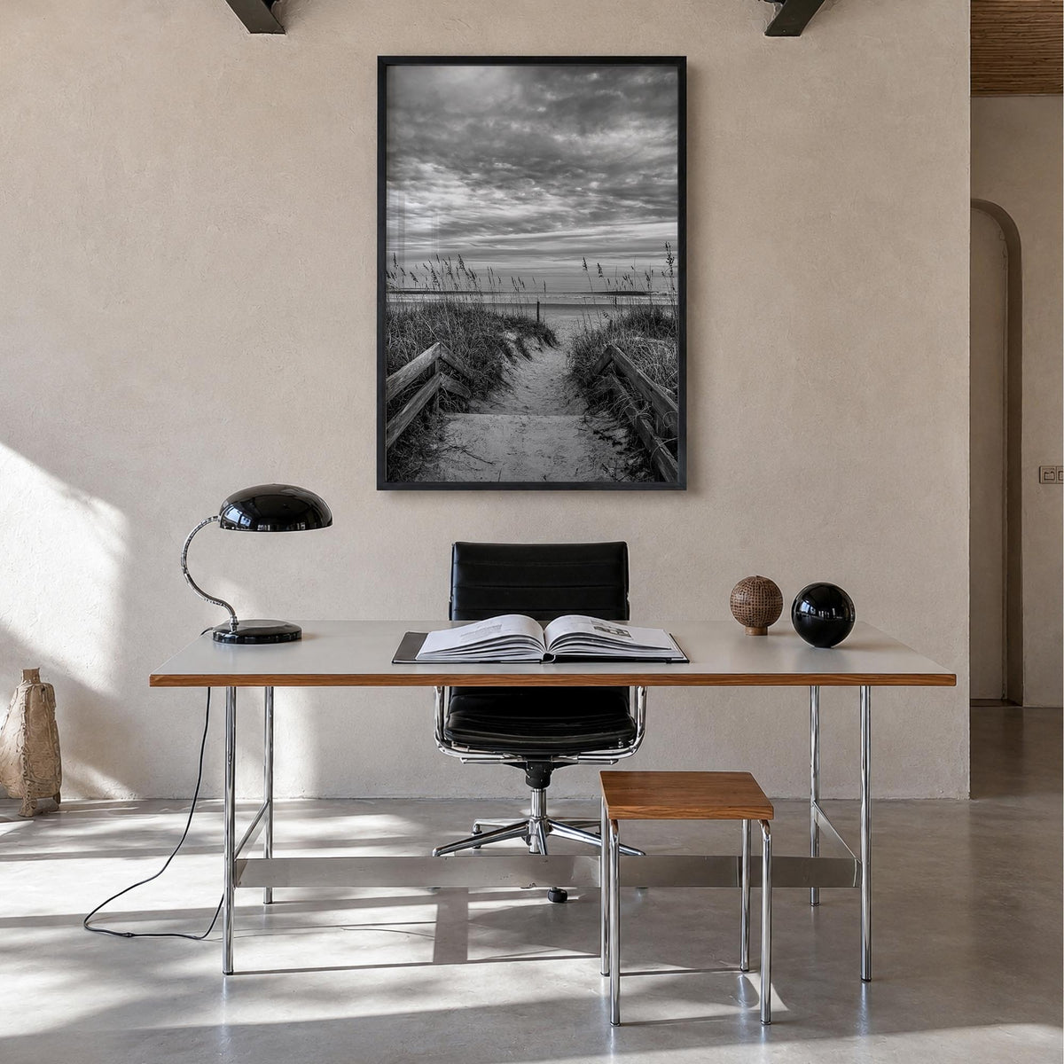Myrtle Beach black & white photo poster of South Carolina, USA – vertical wall art in black wood frame, hanging on wall