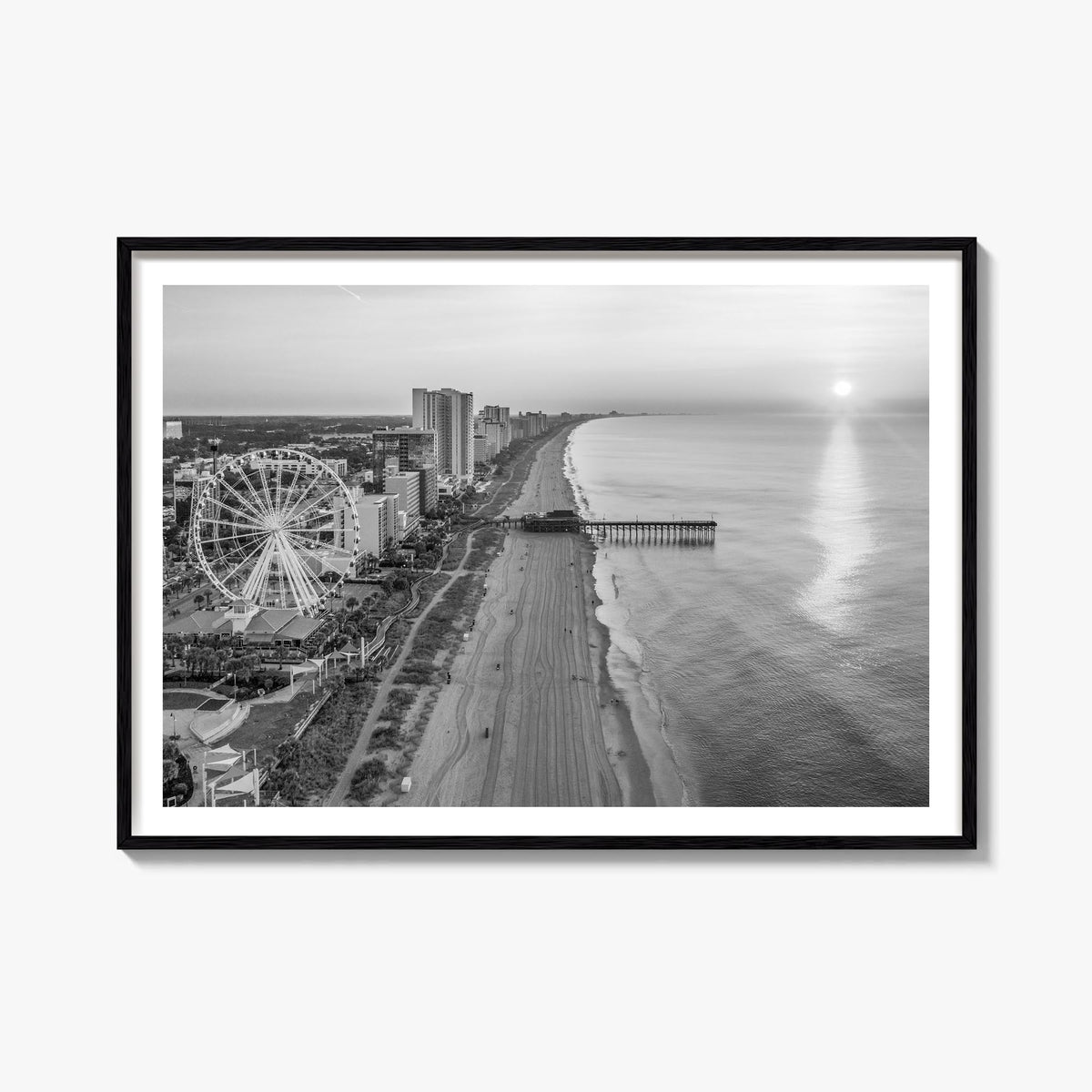 Myrtle Beach black & white photo poster of South Carolina, USA – horizontal wall art, unframed print shown in interior mockup
