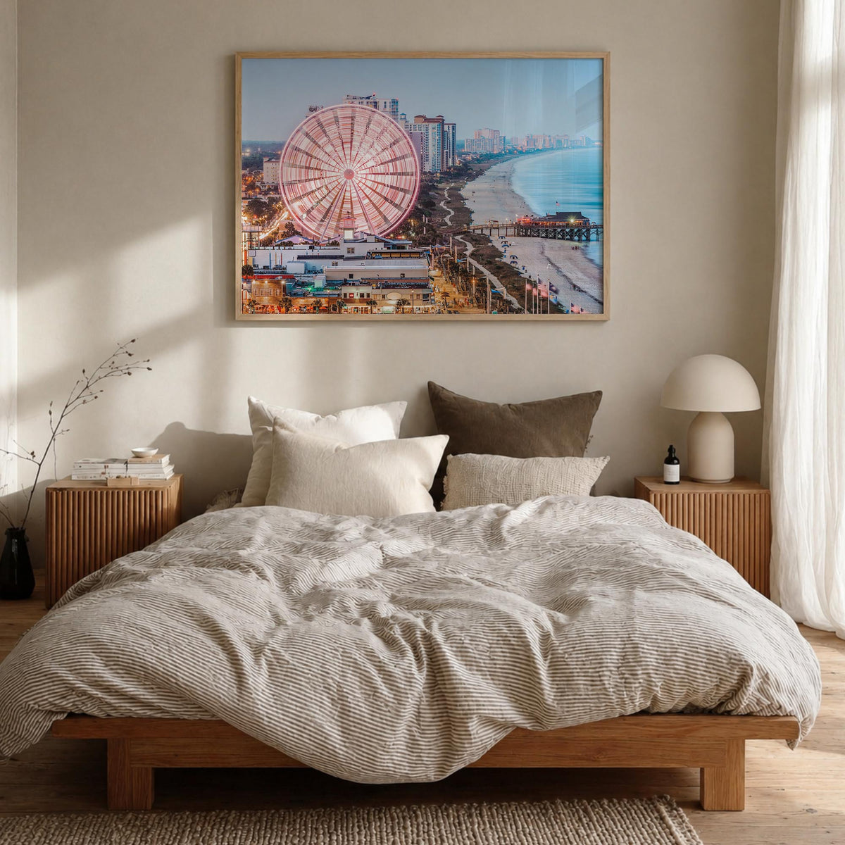 Myrtle Beach colorful photo poster of South Carolina, USA – horizontal wall art in natural wood frame, hanging on wall