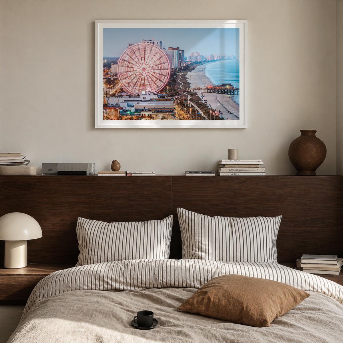 Myrtle Beach colorful photo poster of South Carolina, USA – horizontal wall art in white wood frame with white border, hangin
