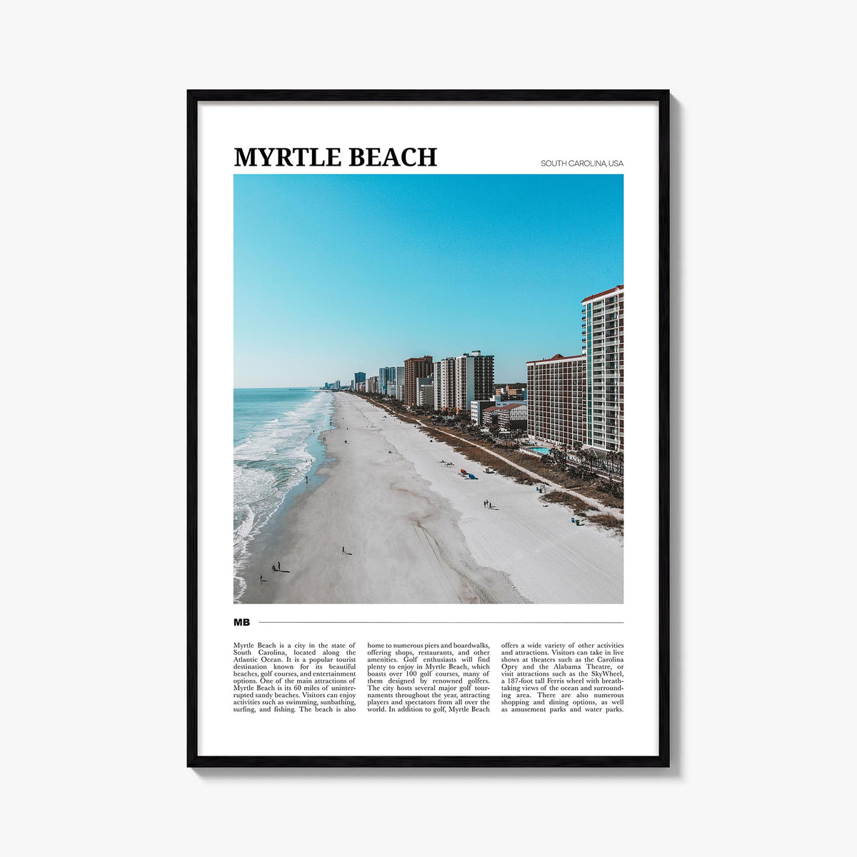 Myrtle Beach colorful travel poster of South Carolina, USA – vertical wall art, unframed print shown in interior mockup
