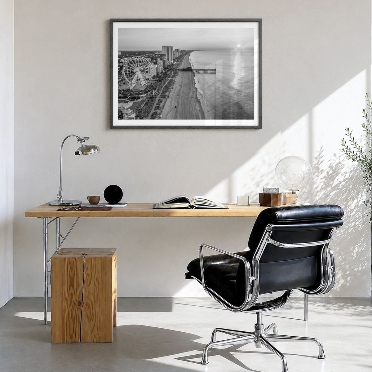 Myrtle Beach Photo Poster in a black wood frame, hanging in a bright home office, white border