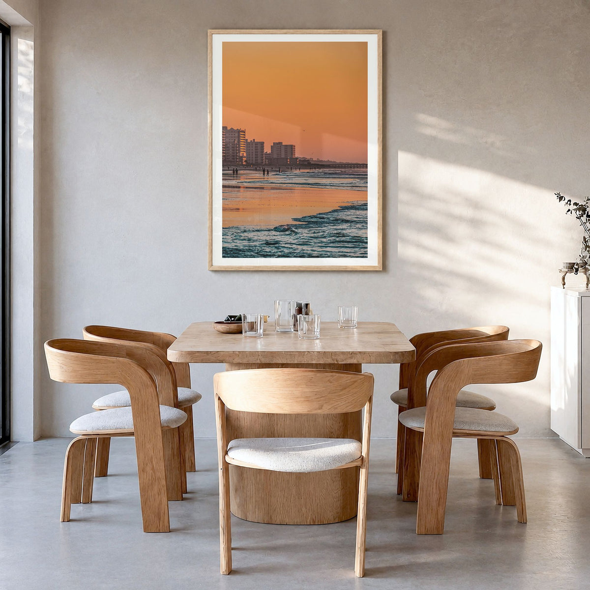 Myrtle Beach Photo No 1 Poster in a natural wood frame, hanging in a dining room, white border