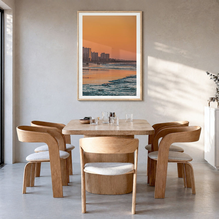 Myrtle Beach Photo No 1 Poster in a natural wood frame, hanging in a dining room, white border