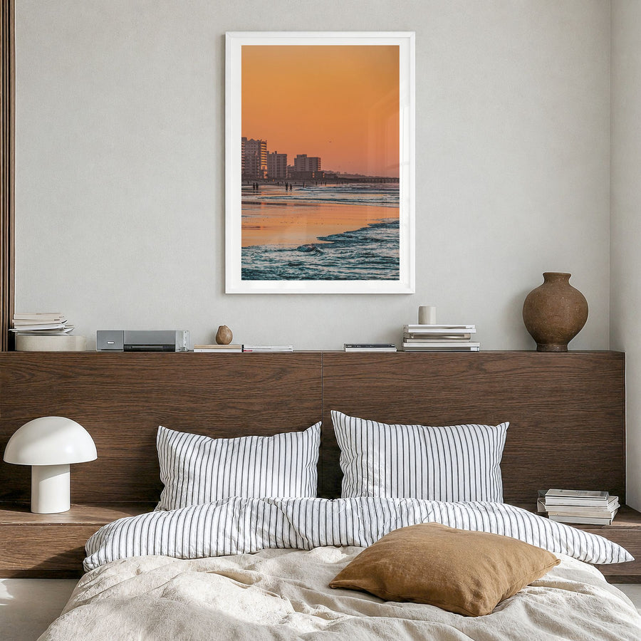 Myrtle Beach Photo No 1 Poster in a white wood frame, hanging in a bedroom, white border