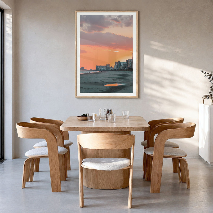 Myrtle Beach Photo No 2 Poster in a natural wood frame, hanging in a dining room, white border
