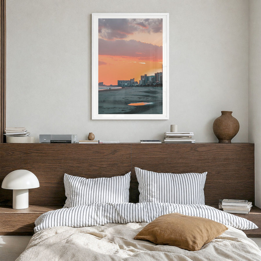 Myrtle Beach Photo No 2 Poster in a white wood frame, hanging in a bedroom, white border