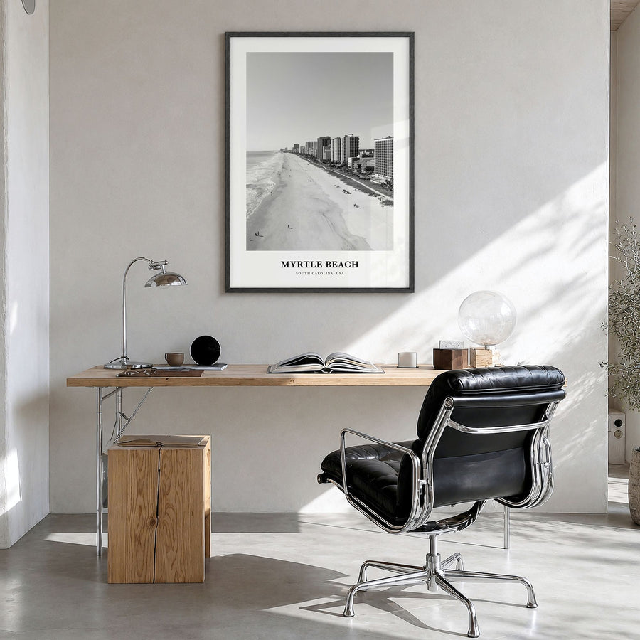 Myrtle Beach Classic Poster in a black wood frame, hanging in a bright home office