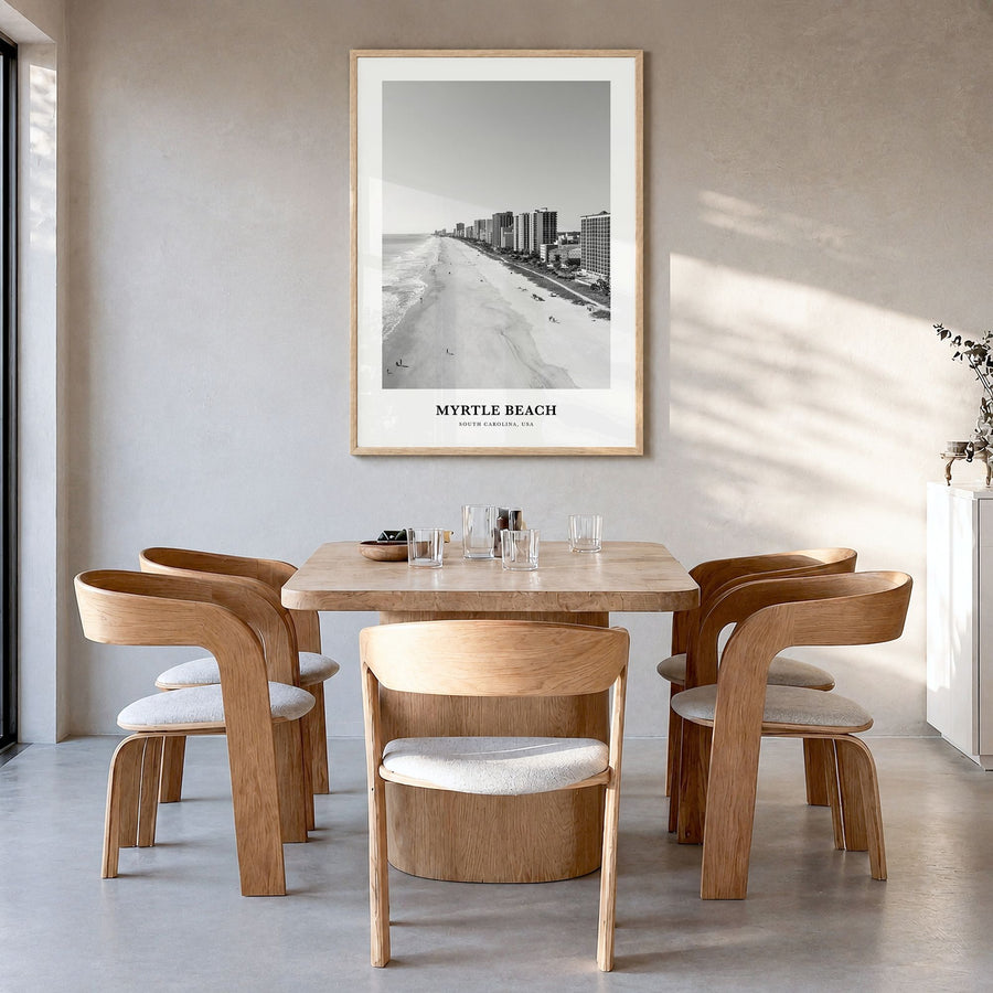 Myrtle Beach Classic Poster in a natural wood frame, hanging in a dining room