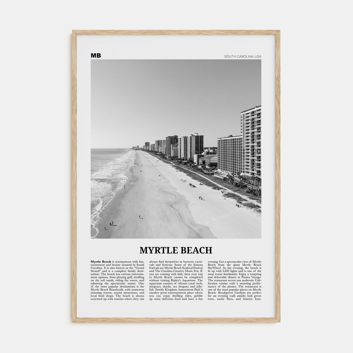 Myrtle Beach Poster Natural Wood / 8x12 in Nbourhood Travel B&W Poster