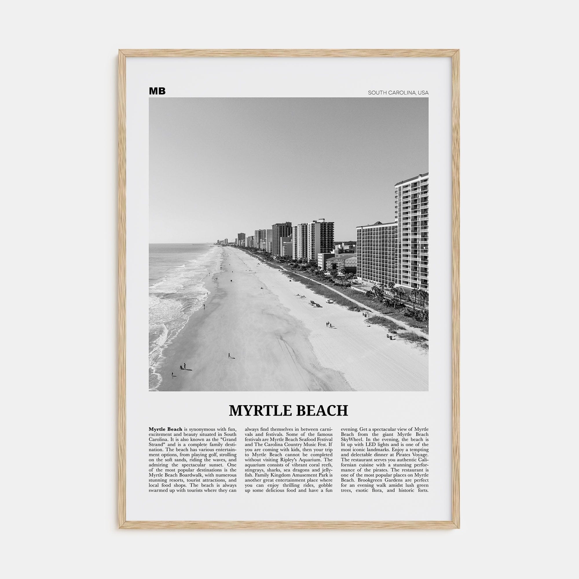 Myrtle Beach Poster Natural Wood / 8x12 in Nbourhood Travel B&W Poster