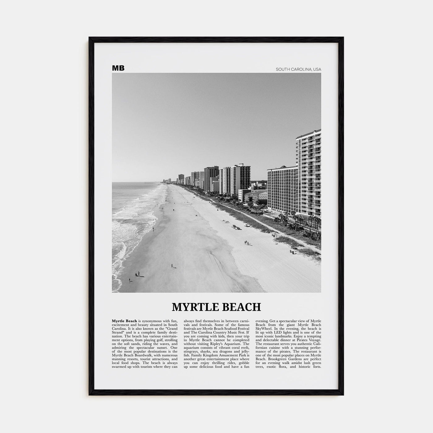 Myrtle Beach Poster Black Wood / 8x12 in Nbourhood Travel B&W Poster