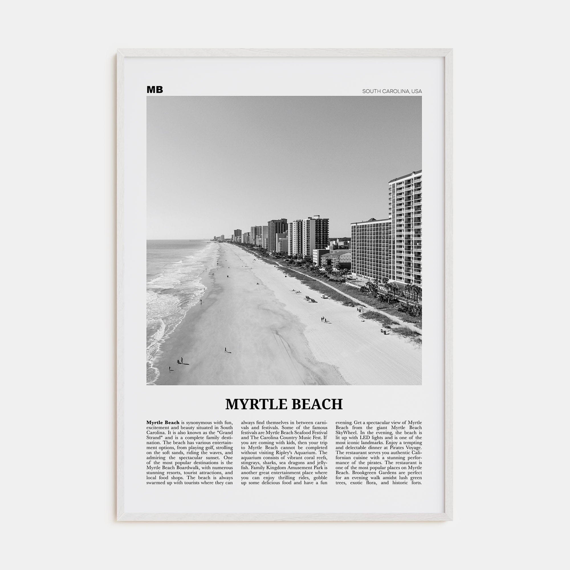 Myrtle Beach Poster White Wood / 8x12 in Nbourhood Travel B&W Poster