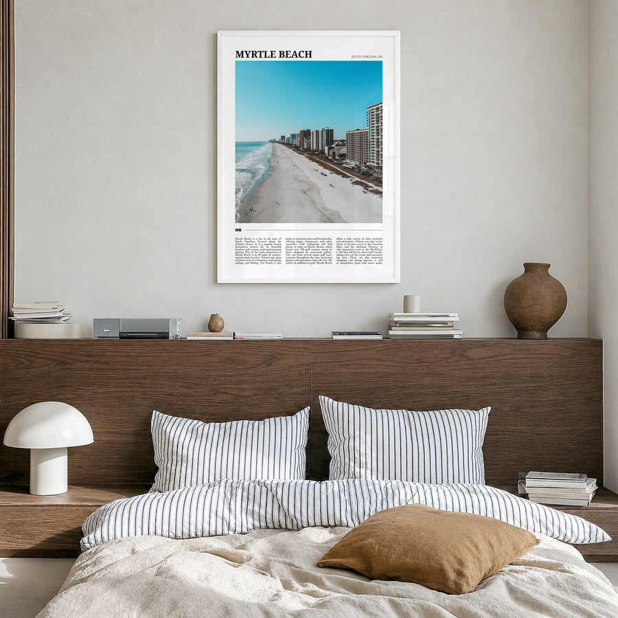 Myrtle Beach Travel Poster in a white wood frame, hanging in a bedroom