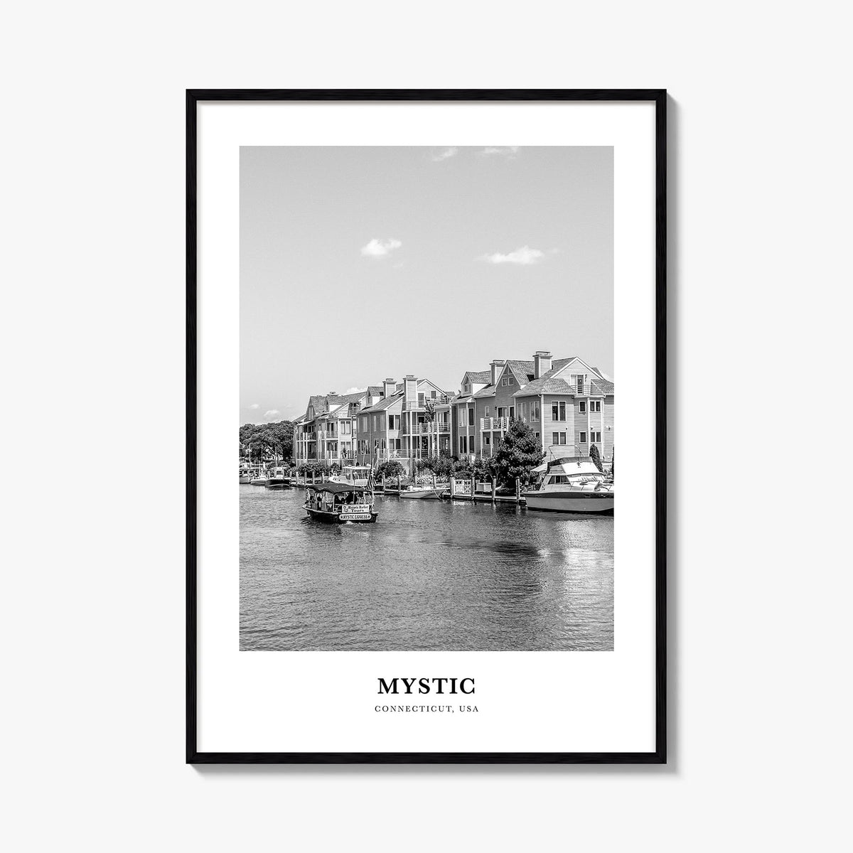 Mystic black & white classic poster of Connecticut, USA – vertical wall art, unframed print shown in interior mockup