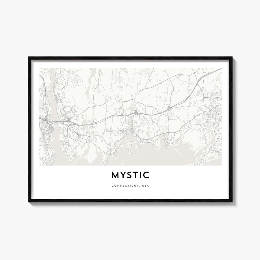 Mystic black & white map poster of Connecticut, USA – horizontal wall art, unframed print shown in interior mockup