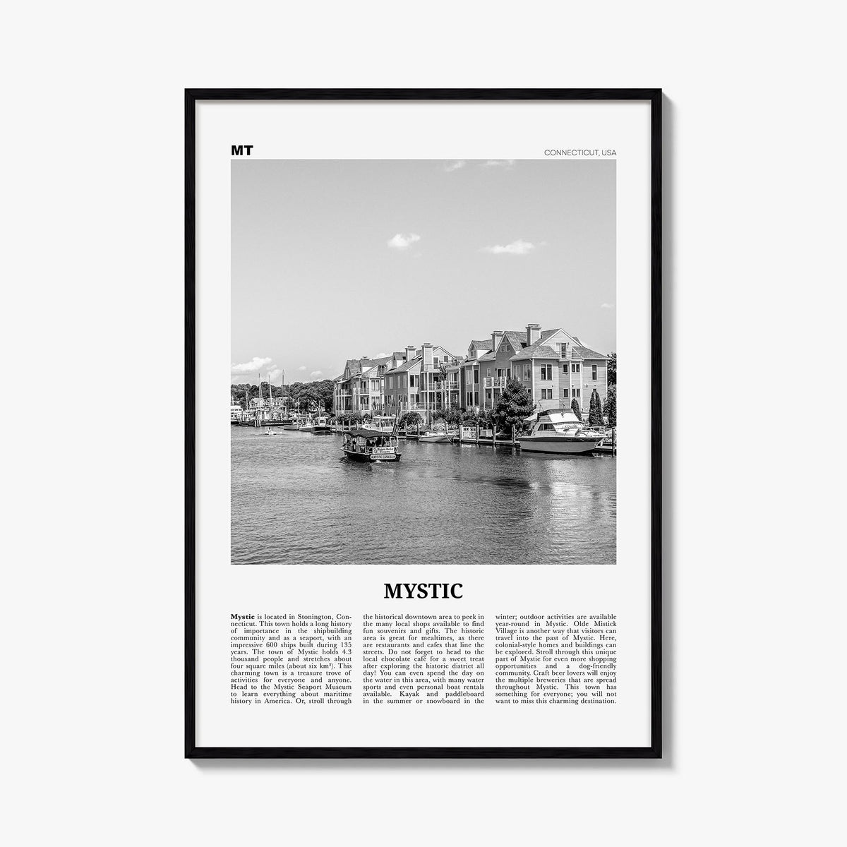 Mystic black & white newspaper poster of Connecticut, USA – vertical wall art, unframed print shown in interior mockup