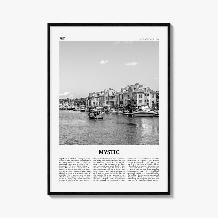 Mystic black & white newspaper poster of Connecticut, USA – vertical wall art, unframed print shown in interior mockup
