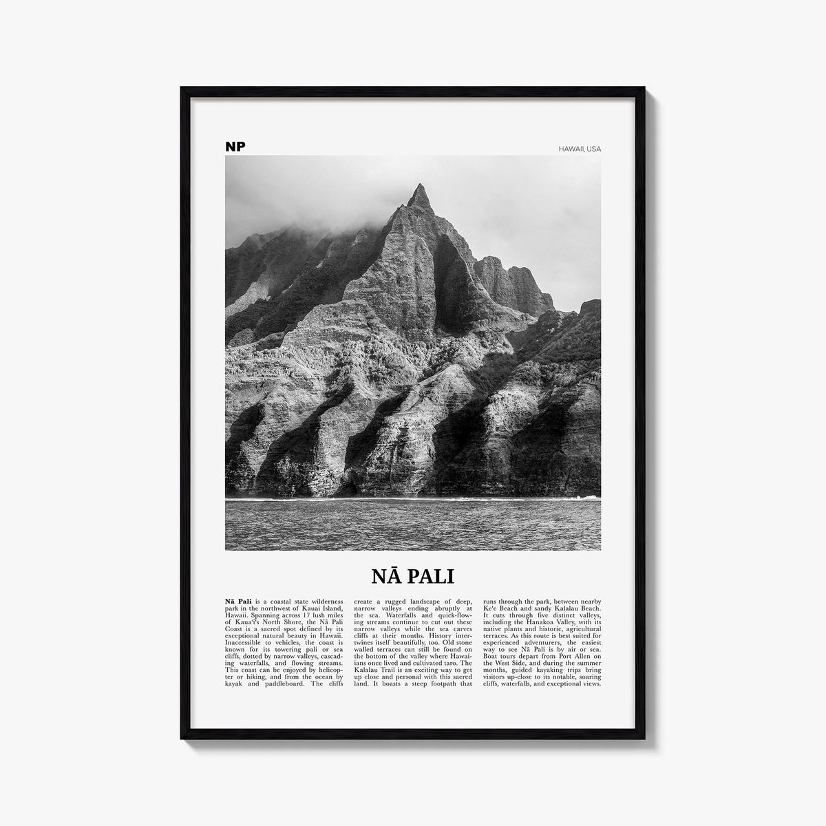Nā Pali black & white newspaper poster of Hawaii, USA – vertical wall art, unframed print shown in interior mockup
