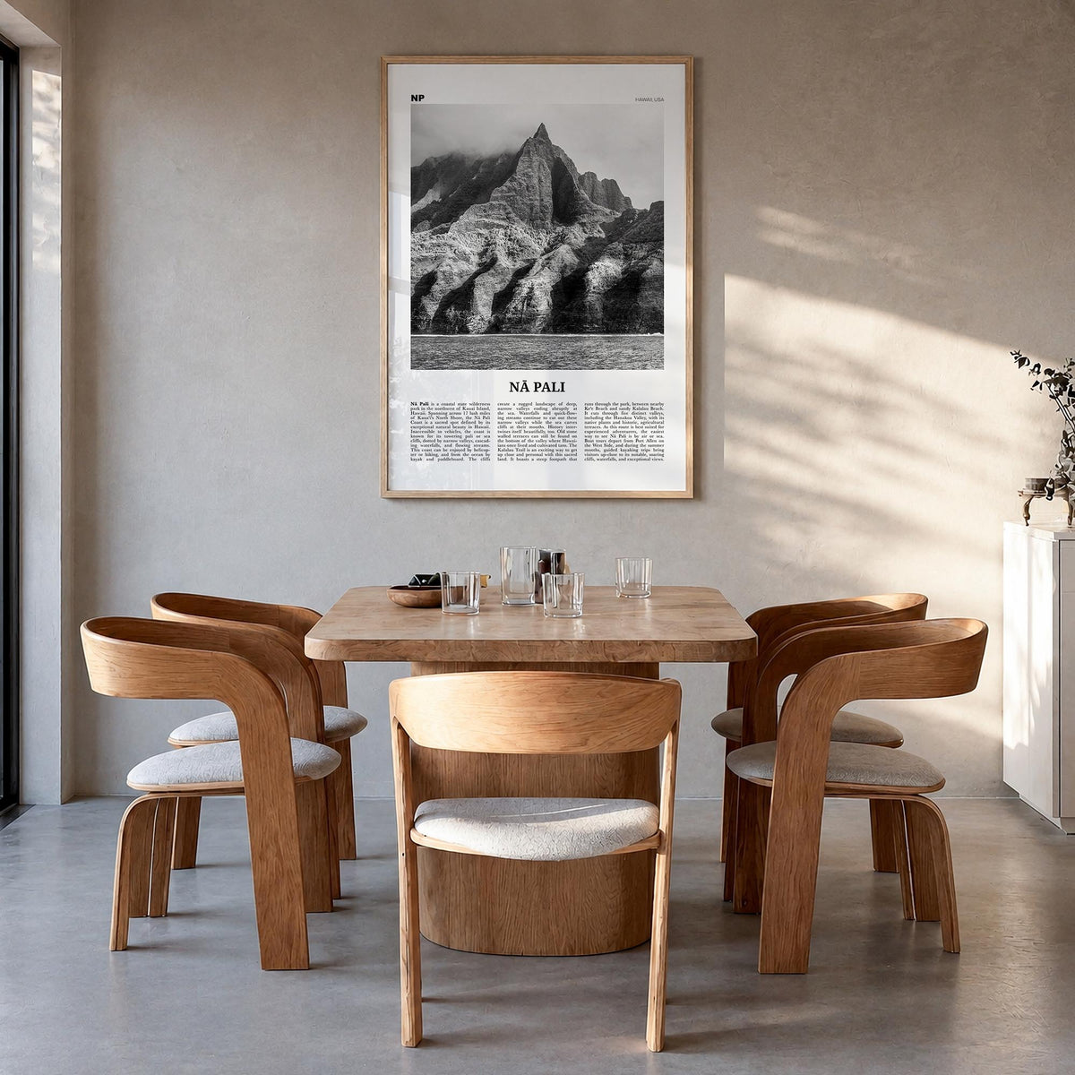 Nā Pali black & white newspaper poster of Hawaii, USA – vertical wall art in natural wood frame, hanging on wall
