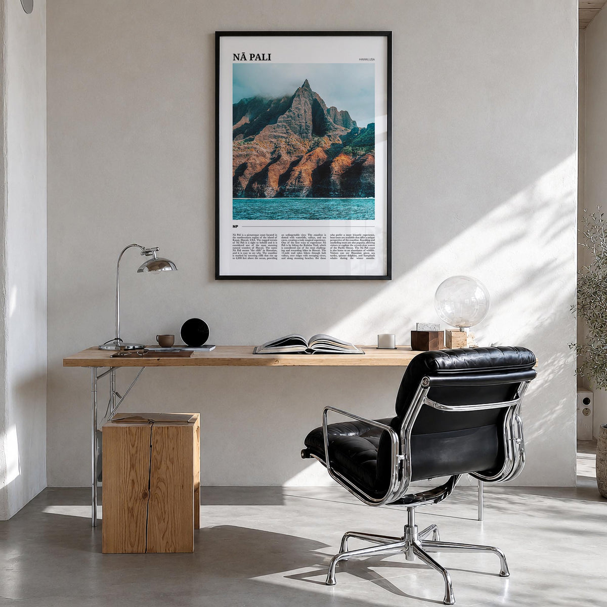 Nā Pali no. 1 colorful travel poster of Hawaii, USA – vertical wall art in black wood frame, hanging on wall