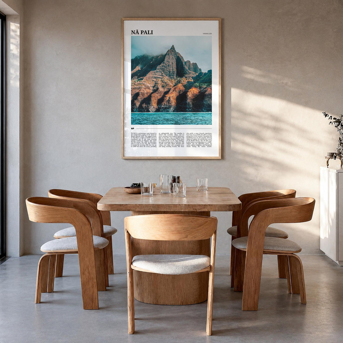 Nā Pali no. 1 colorful travel poster of Hawaii, USA – vertical wall art in natural wood frame, hanging on wall