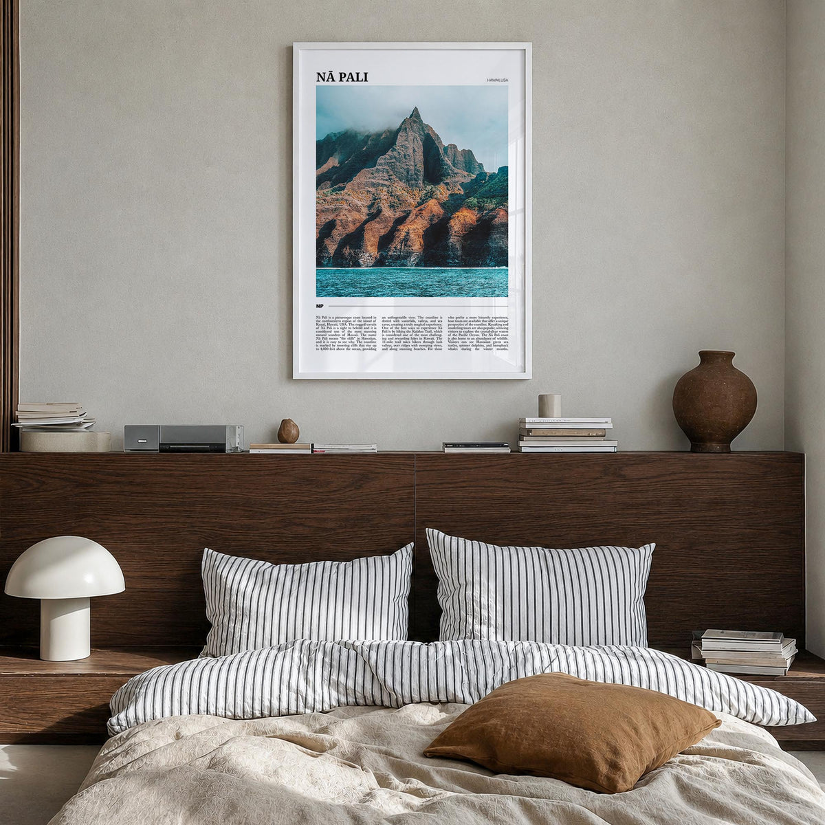 Nā Pali no. 1 colorful travel poster of Hawaii, USA – vertical wall art in white wood frame, hanging on wall