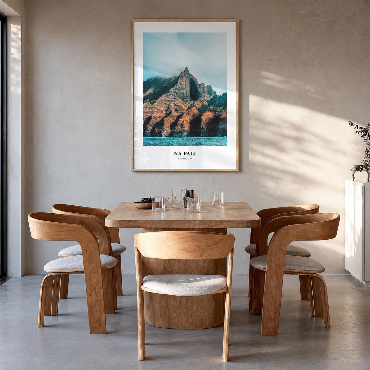Nā Pali no. 2 colorful classic poster of Hawaii, USA – vertical wall art in natural wood frame, hanging on wall