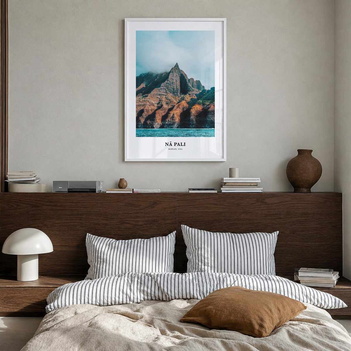 Nā Pali no. 2 colorful classic poster of Hawaii, USA – vertical wall art in white wood frame, hanging on wall