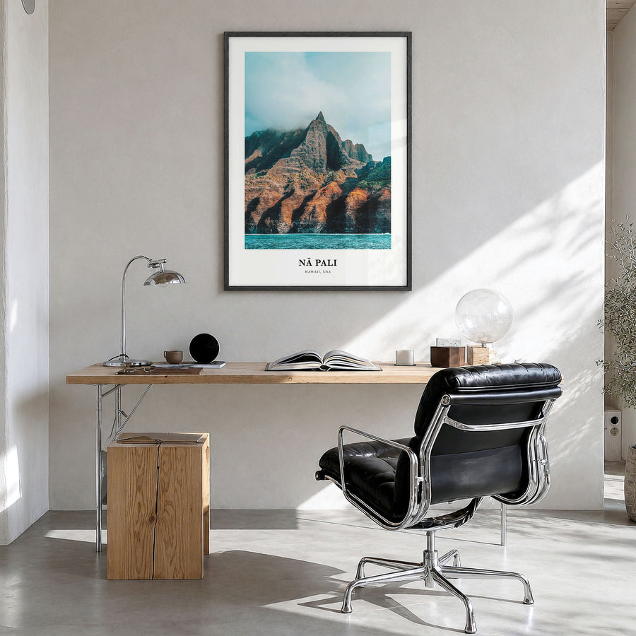 Nā Pali Classic No 2 Poster in a black wood frame, hanging in a bright home office