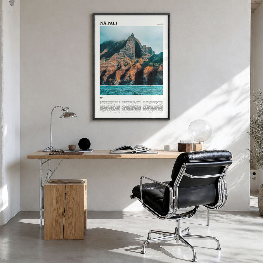 Nā Pali Travel No 1 Poster in a black wood frame, hanging in a bright home office