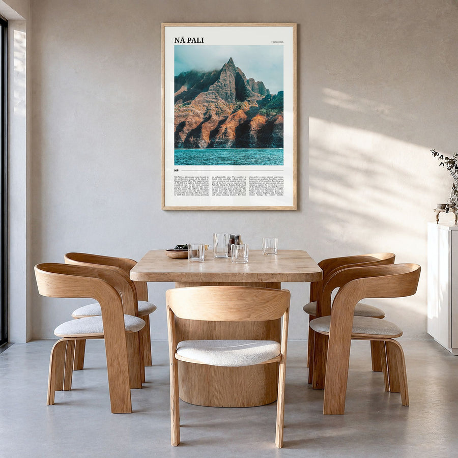 Nā Pali Travel No 1 Poster in a natural wood frame, hanging in a dining room