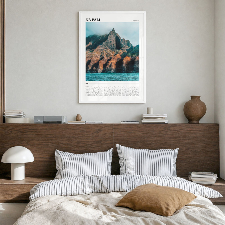 Nā Pali Travel No 1 Poster in a white wood frame, hanging in a bedroom