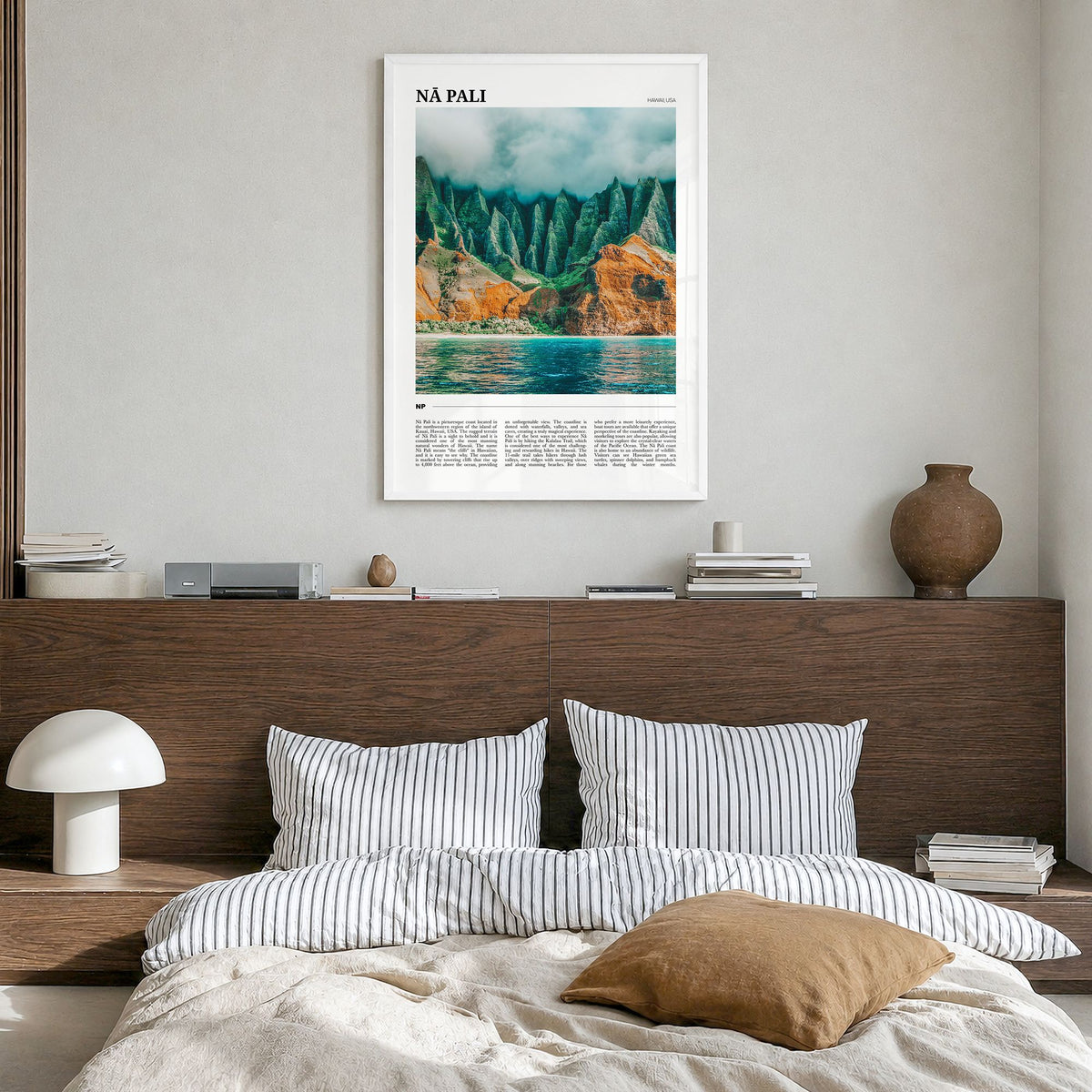 Nā Pali Travel No 2 Poster in a white wood frame, hanging in a bedroom