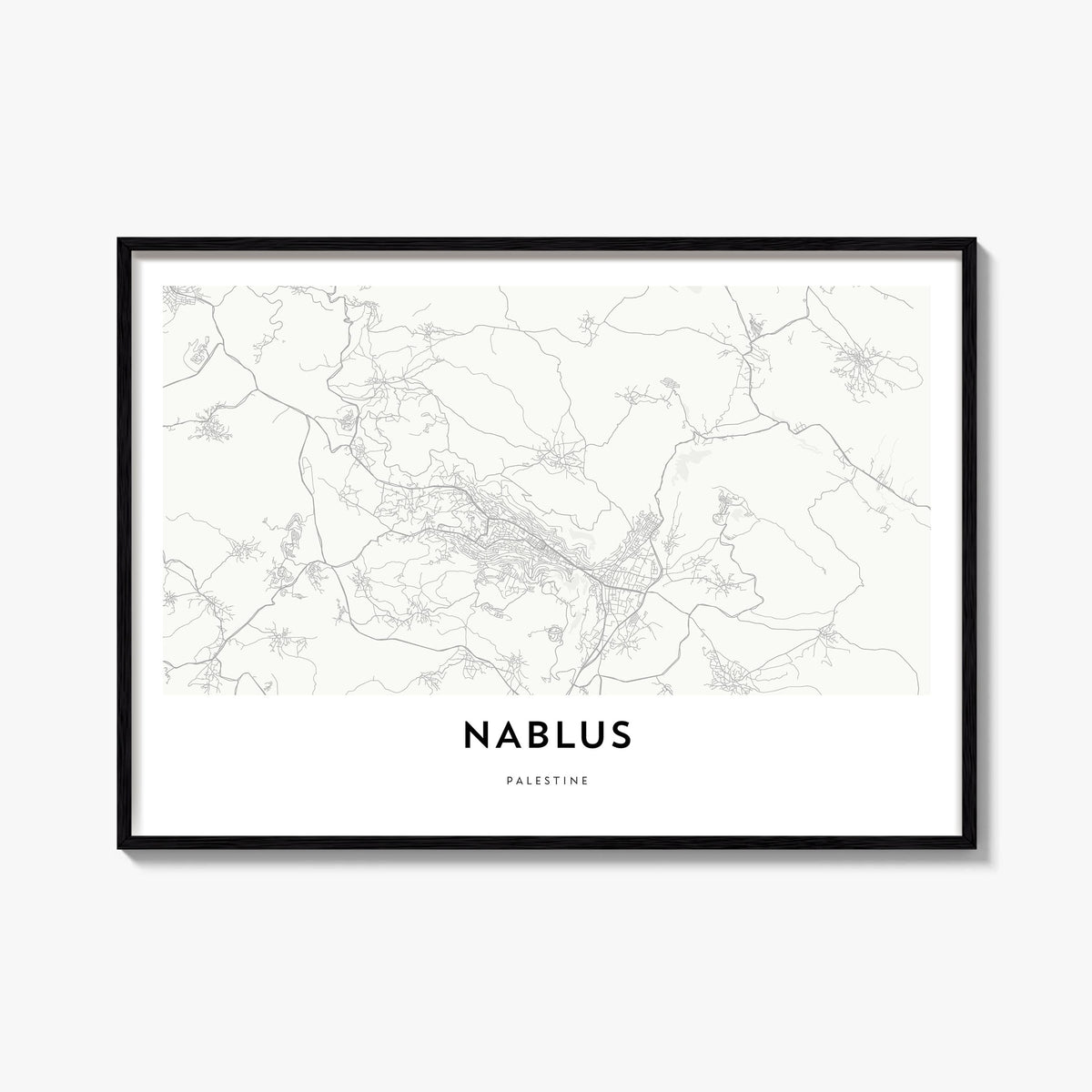 Nablus black & white map poster of Palestine – horizontal wall art, unframed print shown in interior mockup