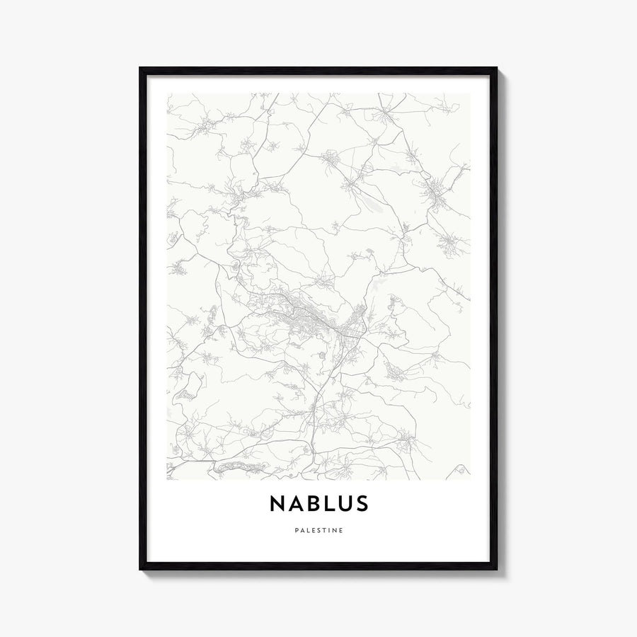 Nablus black & white map poster of Palestine – vertical wall art, unframed print shown in interior mockup
