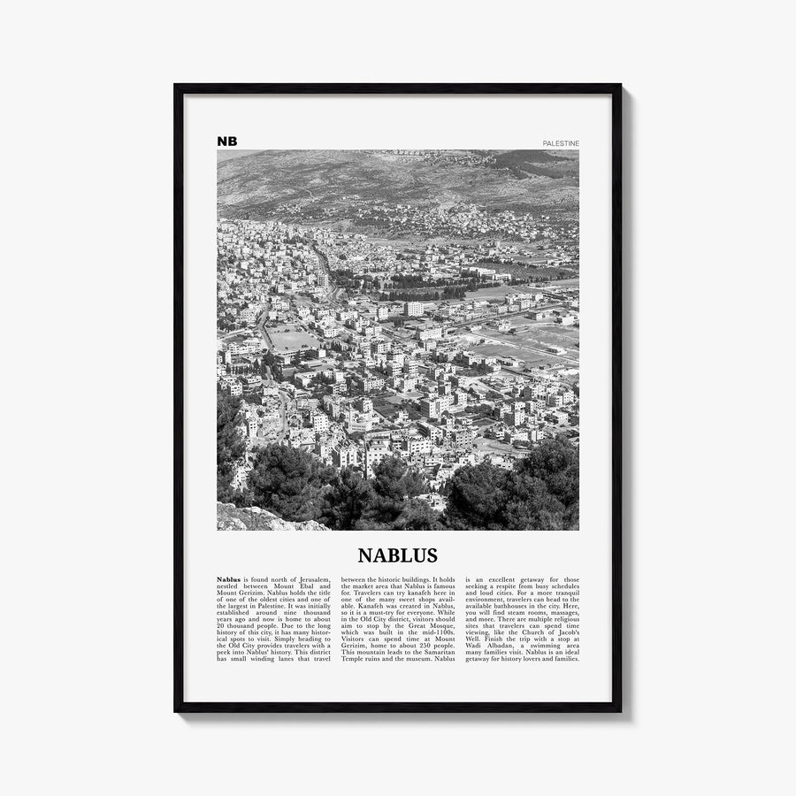 Nablus black & white newspaper poster of Palestine – vertical wall art, unframed print shown in interior mockup
