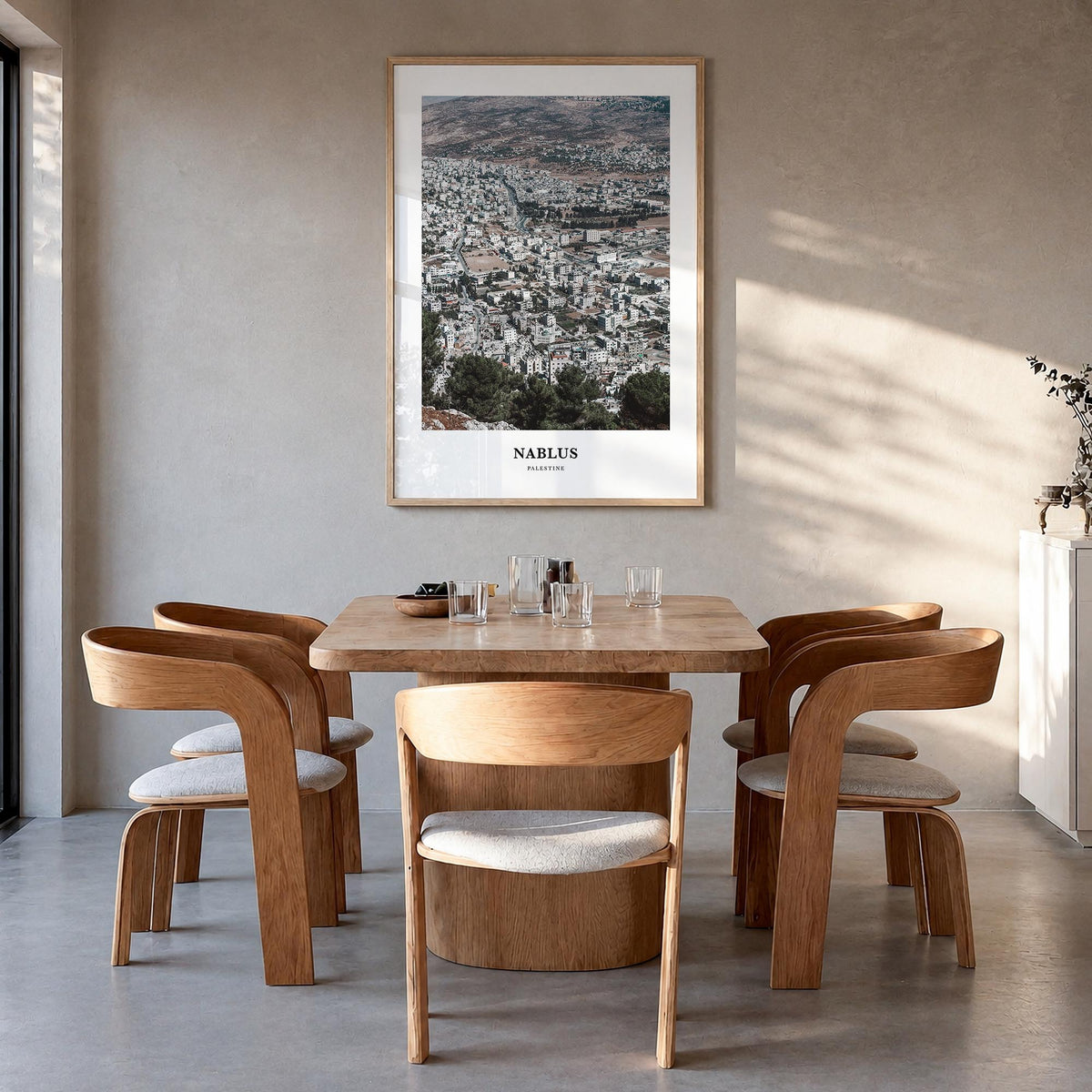 Nablus colorful classic poster of Palestine – vertical wall art in natural wood frame, hanging on wall