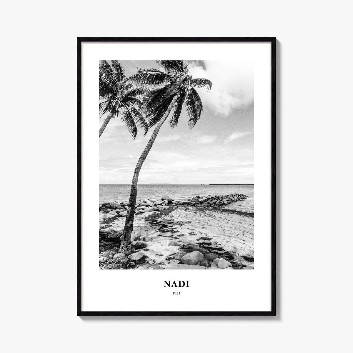 Nadi black & white classic poster of Fiji – vertical wall art, unframed print shown in interior mockup