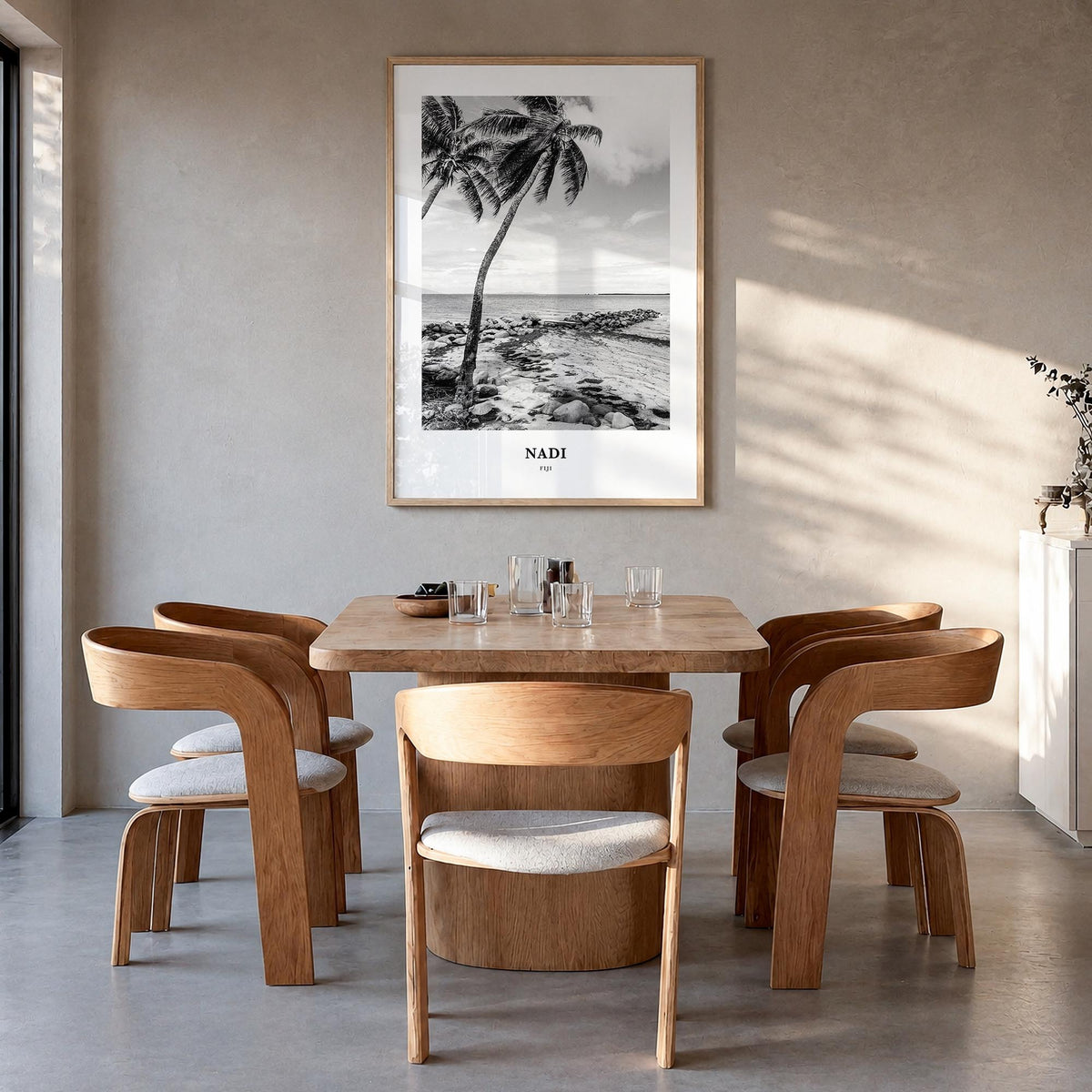 Nadi black & white classic poster of Fiji – vertical wall art in natural wood frame, hanging on wall