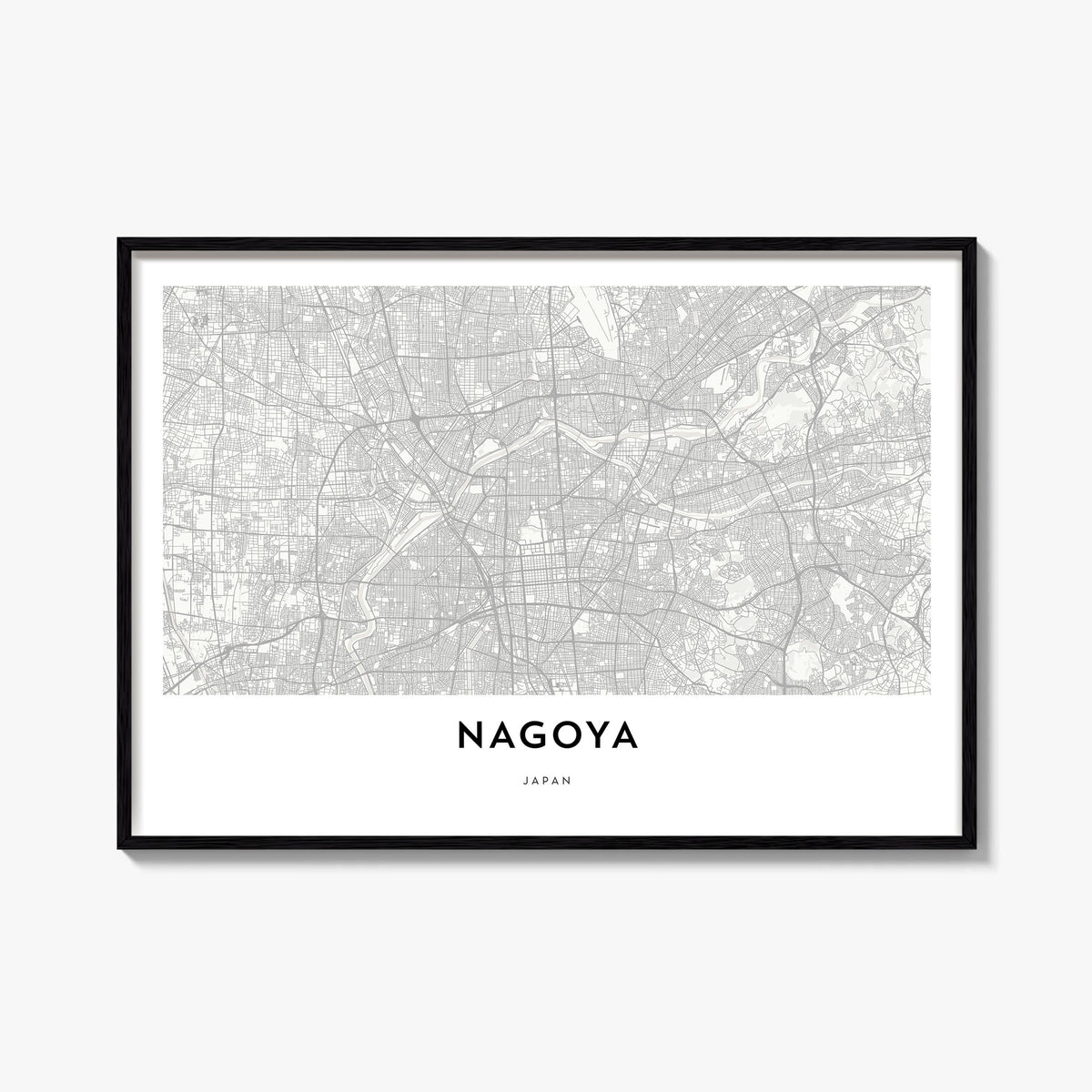 Nagoya black & white map poster of Japan – horizontal wall art, unframed print shown in interior mockup