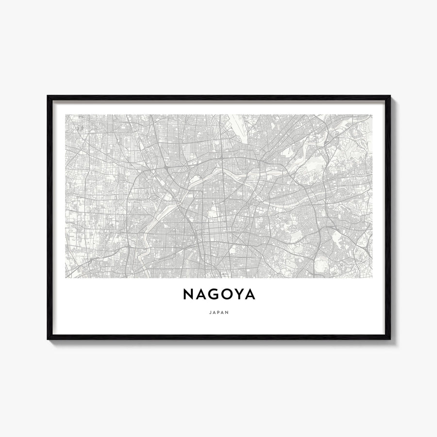 Nagoya black & white map poster of Japan – horizontal wall art, unframed print shown in interior mockup